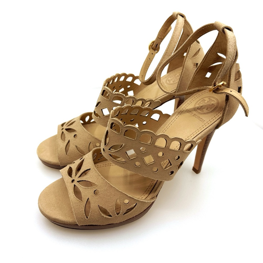 NWOB Tory Burch May 105mm Tan Laser-Cut Heels - Desert Blush Size 7.5 w/dust bag - Picture 4 of 7